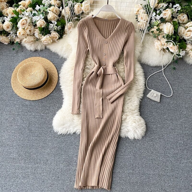 V Neck Long Sleeves Sweater Streetwear Midi Dress