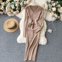 V Neck Long Sleeves Sweater Streetwear Midi Dress