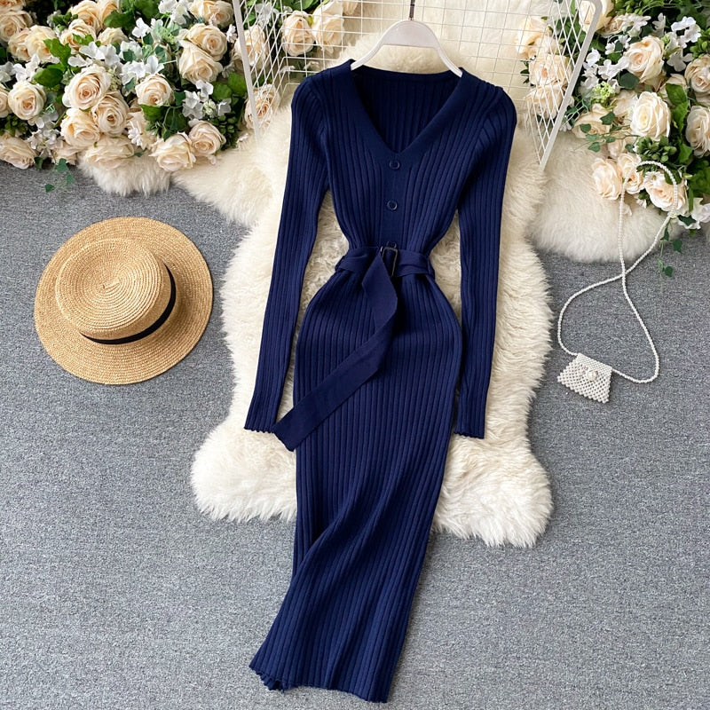 V Neck Long Sleeves Sweater Streetwear Midi Dress