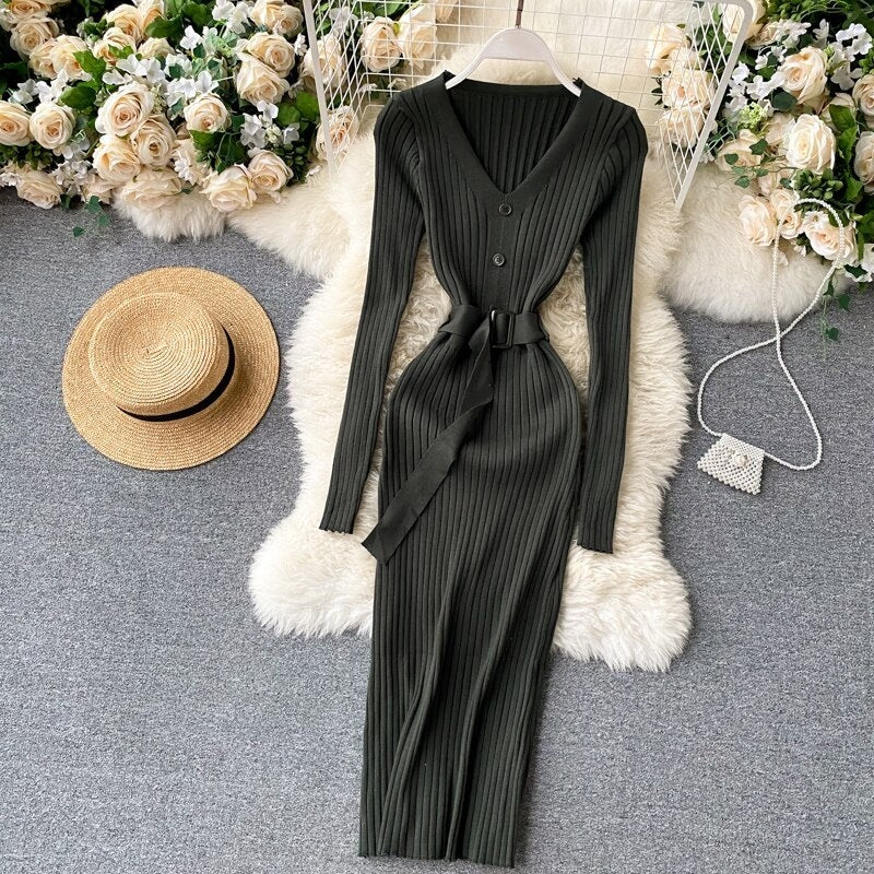 V Neck Long Sleeves Sweater Streetwear Midi Dress