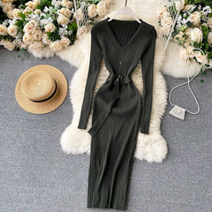 V Neck Long Sleeves Sweater Streetwear Midi Dress