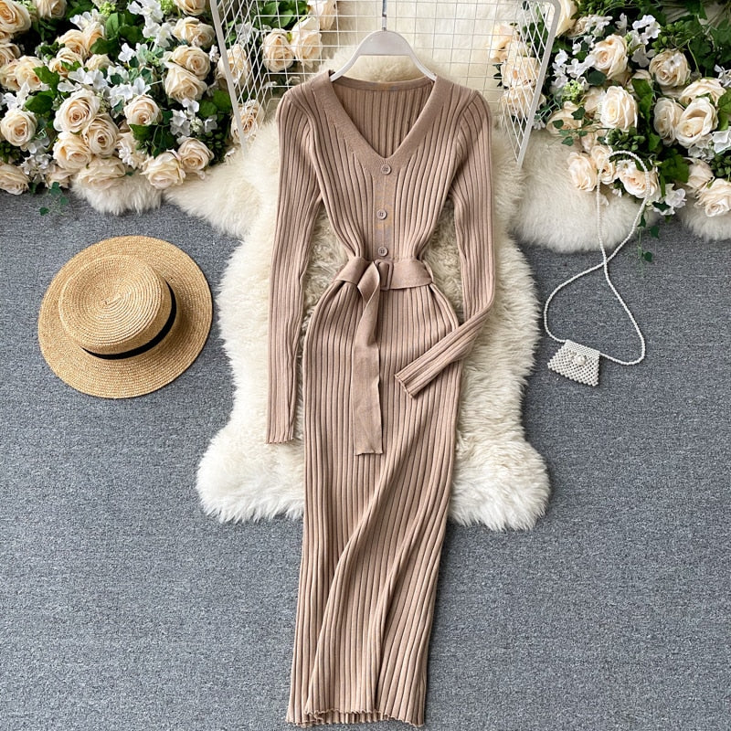 V Neck Long Sleeves Sweater Streetwear Midi Dress