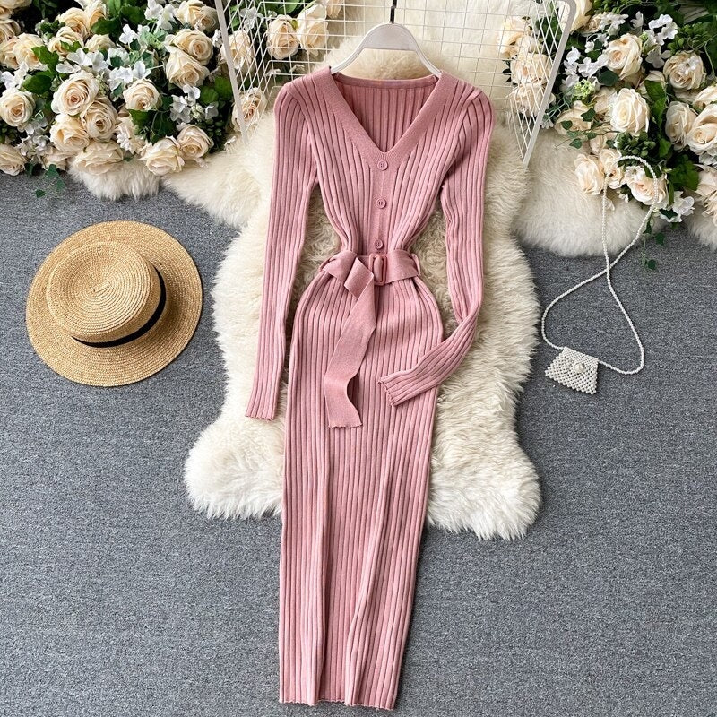 V Neck Long Sleeves Sweater Streetwear Midi Dress