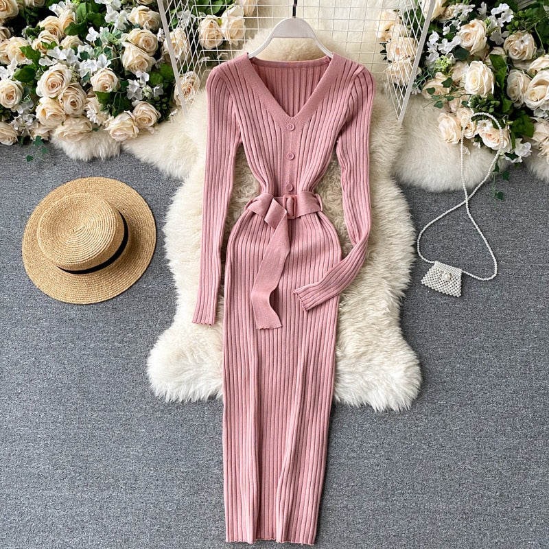 V Neck Long Sleeves Sweater Streetwear Midi Dress