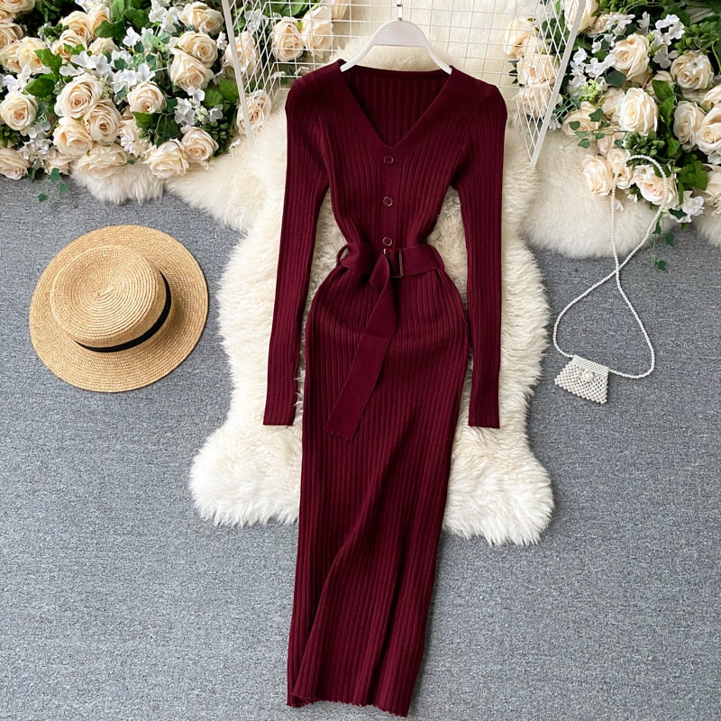 V Neck Long Sleeves Sweater Streetwear Midi Dress