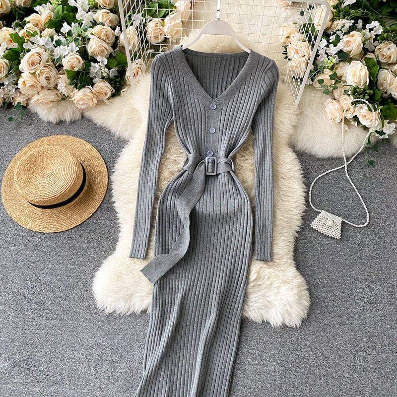 V Neck Long Sleeves Sweater Streetwear Midi Dress