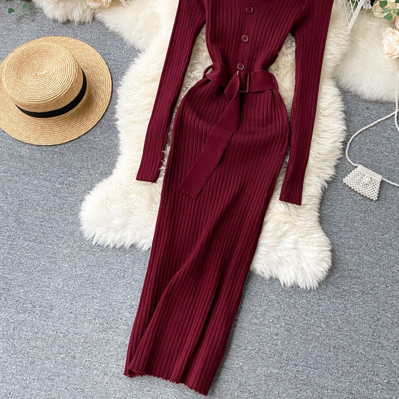 V Neck Long Sleeves Sweater Streetwear Midi Dress