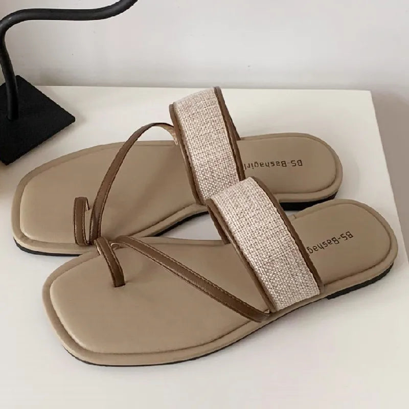 Weaving Narrow Band Flat Sandals Square Toe Clip Toe Designer Shoes