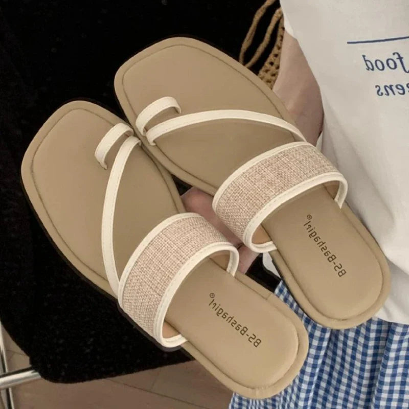 Weaving Narrow Band Flat Sandals Square Toe Clip Toe Designer Shoes