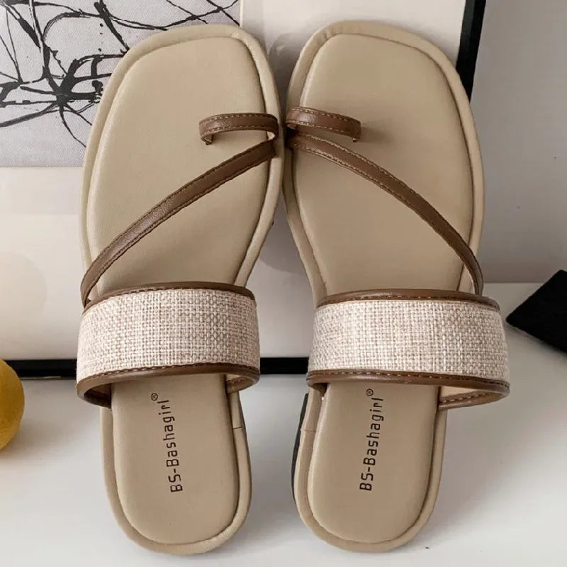 Weaving Narrow Band Flat Sandals Square Toe Clip Toe Designer Shoes