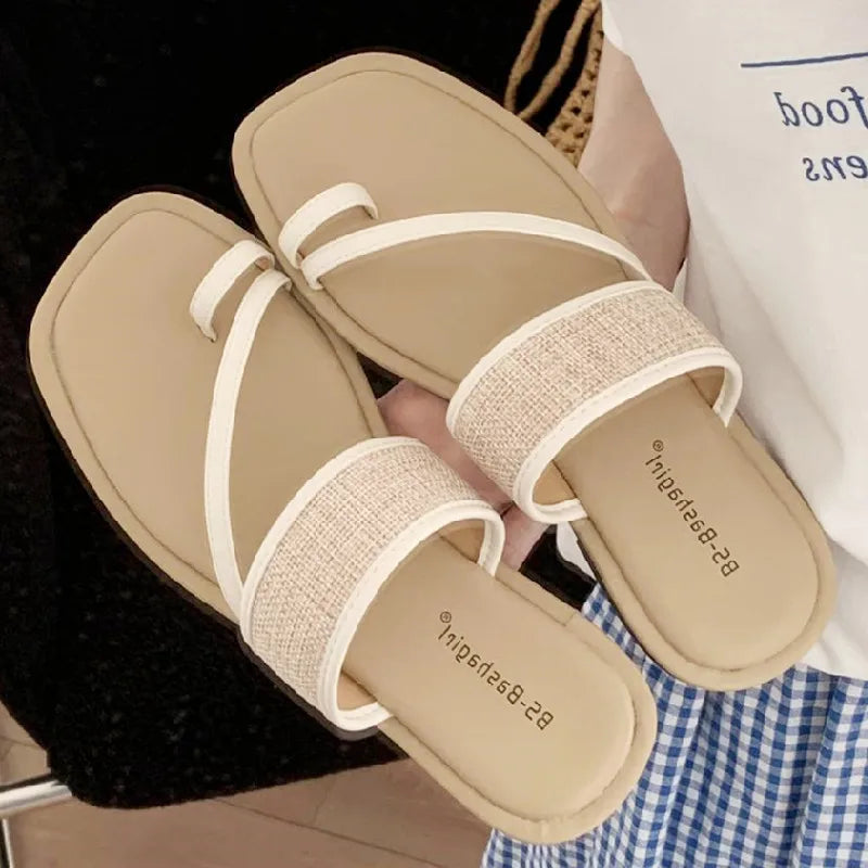 Weaving Narrow Band Flat Sandals Square Toe Clip Toe Designer Shoes