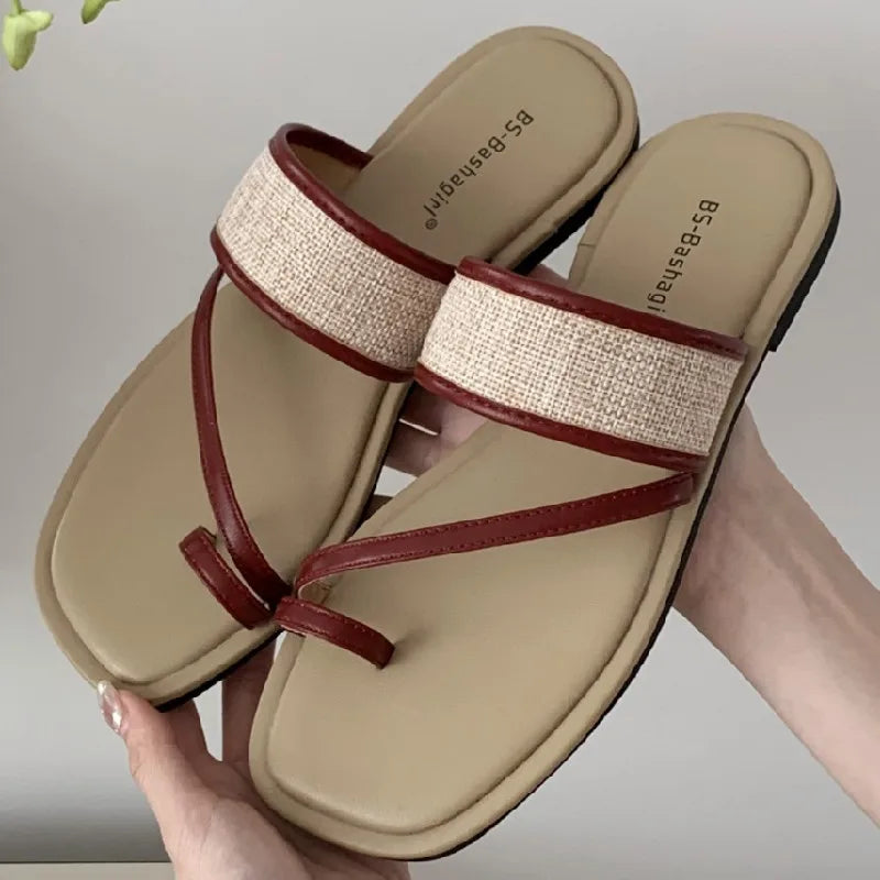 Weaving Narrow Band Flat Sandals Square Toe Clip Toe Designer Shoes