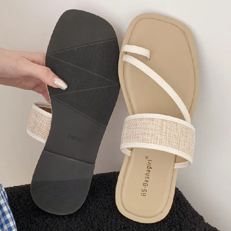 Weaving Narrow Band Flat Sandals Square Toe Clip Toe Designer Shoes