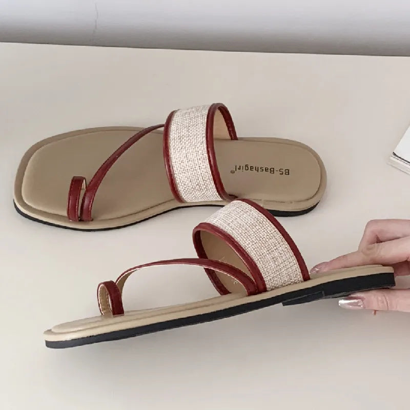 Weaving Narrow Band Flat Sandals Square Toe Clip Toe Designer Shoes