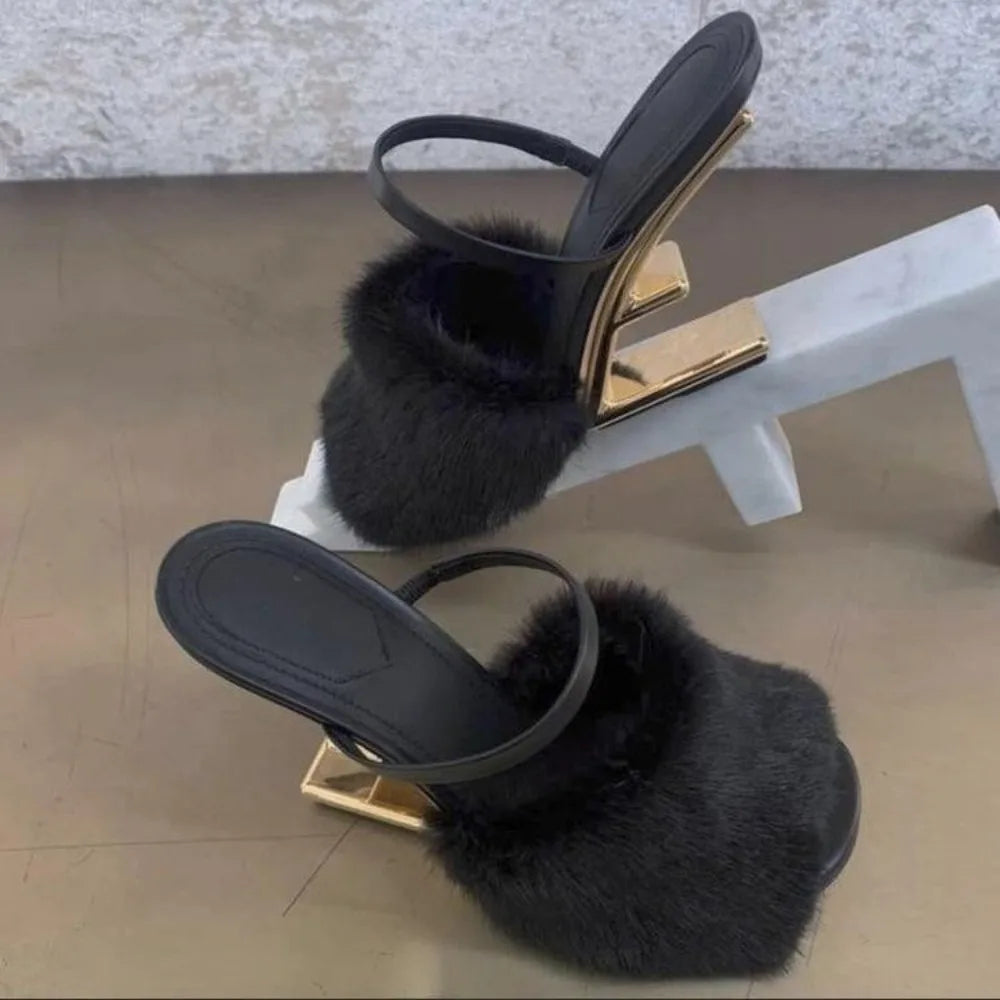 Fur Slippers Peep Toe Gladiator Sandals Dress Pumps Wedge Shoes