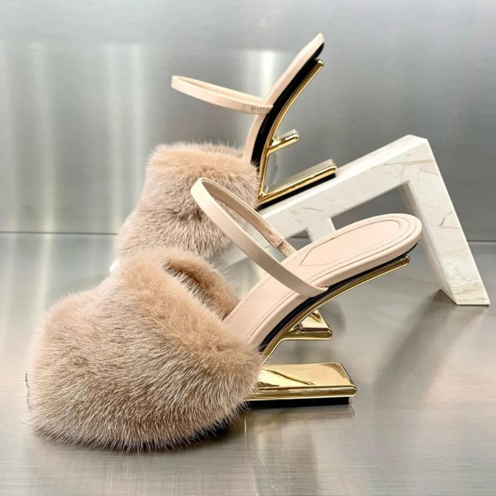 Fur Slippers Peep Toe Gladiator Sandals Dress Pumps Wedge Shoes