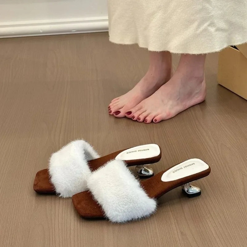 Faux Fur Mules Slippers Pointed Toe Slip-On Thin Heel