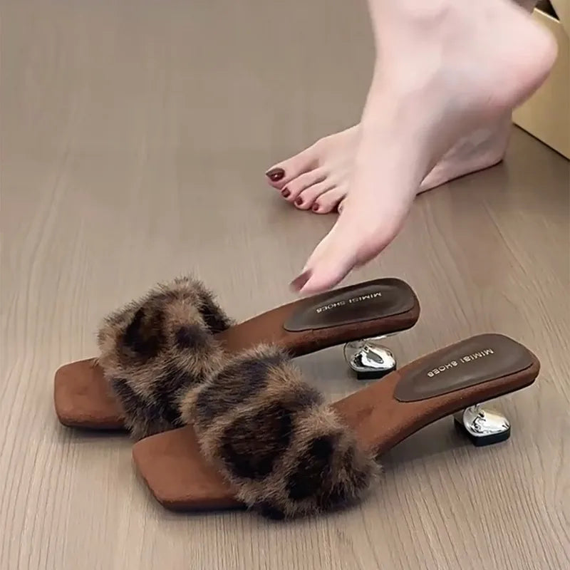 Faux Fur Mules Slippers Pointed Toe Slip-On Thin Heel