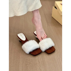 Faux Fur Mules Slippers Pointed Toe Slip-On Thin Heel