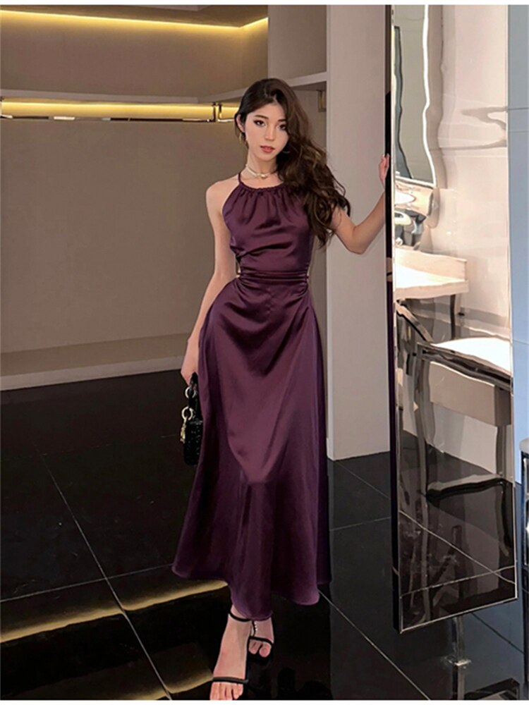 Vintage Satin French Fold Hollow Out Elegant Prom Slim Casual Midi Dresses