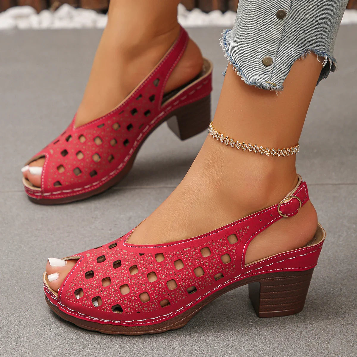 Fish Mouth Sandals Round Toe Cutout Breathable One Buckle Plus Size High Heel