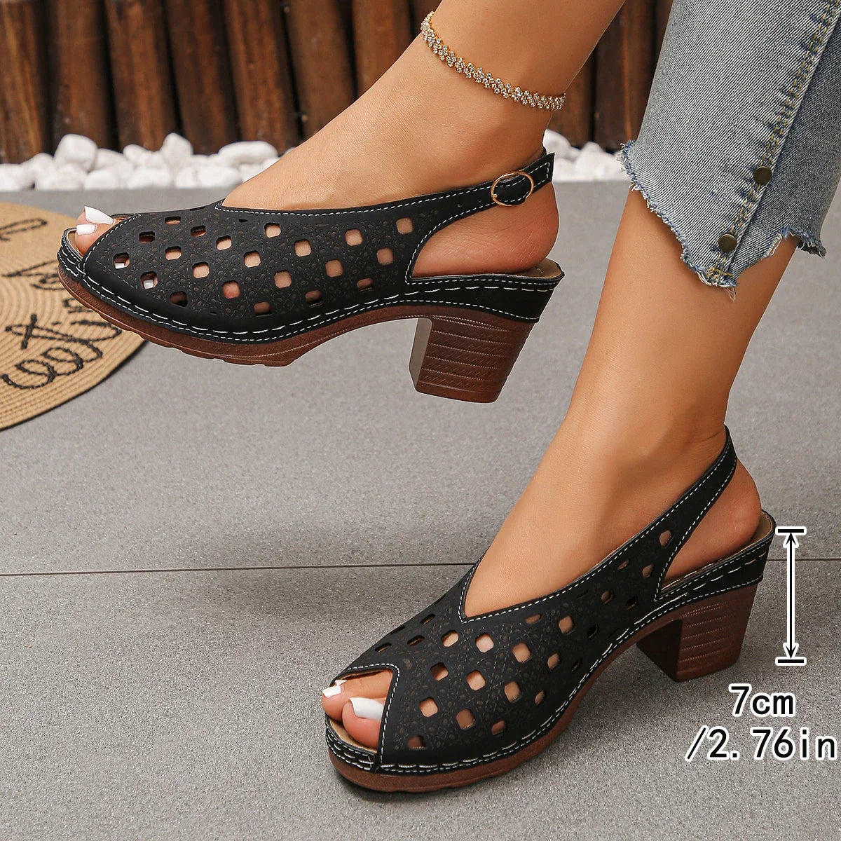 Fish Mouth Sandals Round Toe Cutout Breathable One Buckle Plus Size High Heel
