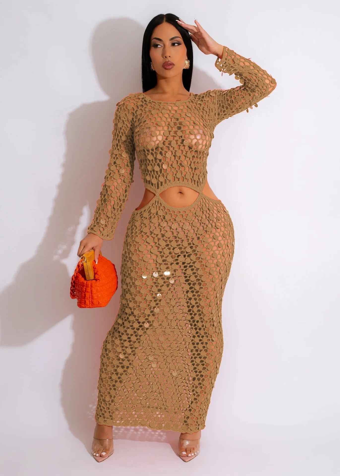 Fishnet Hollow Sequins Holiday Long Sleeve Slim Vacation Beach Maxi Knitted Dresses