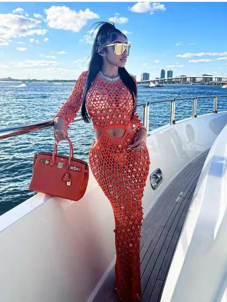 Fishnet Hollow Sequins Holiday Long Sleeve Slim Vacation Beach Maxi Knitted Dresses