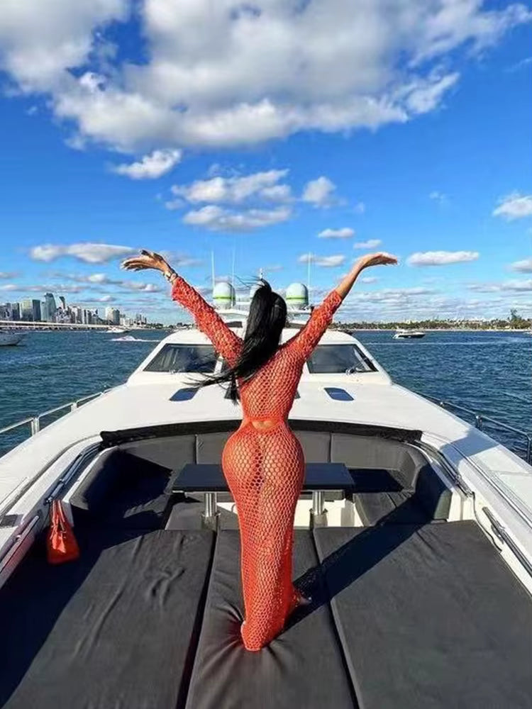 Fishnet Hollow Sequins Holiday Long Sleeve Slim Vacation Beach Maxi Knitted Dresses