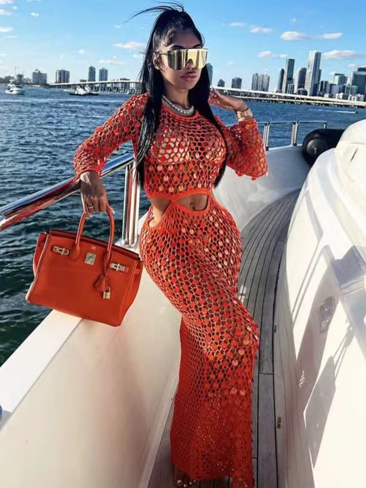 Fishnet Hollow Sequins Holiday Long Sleeve Slim Vacation Beach Maxi Knitted Dresses