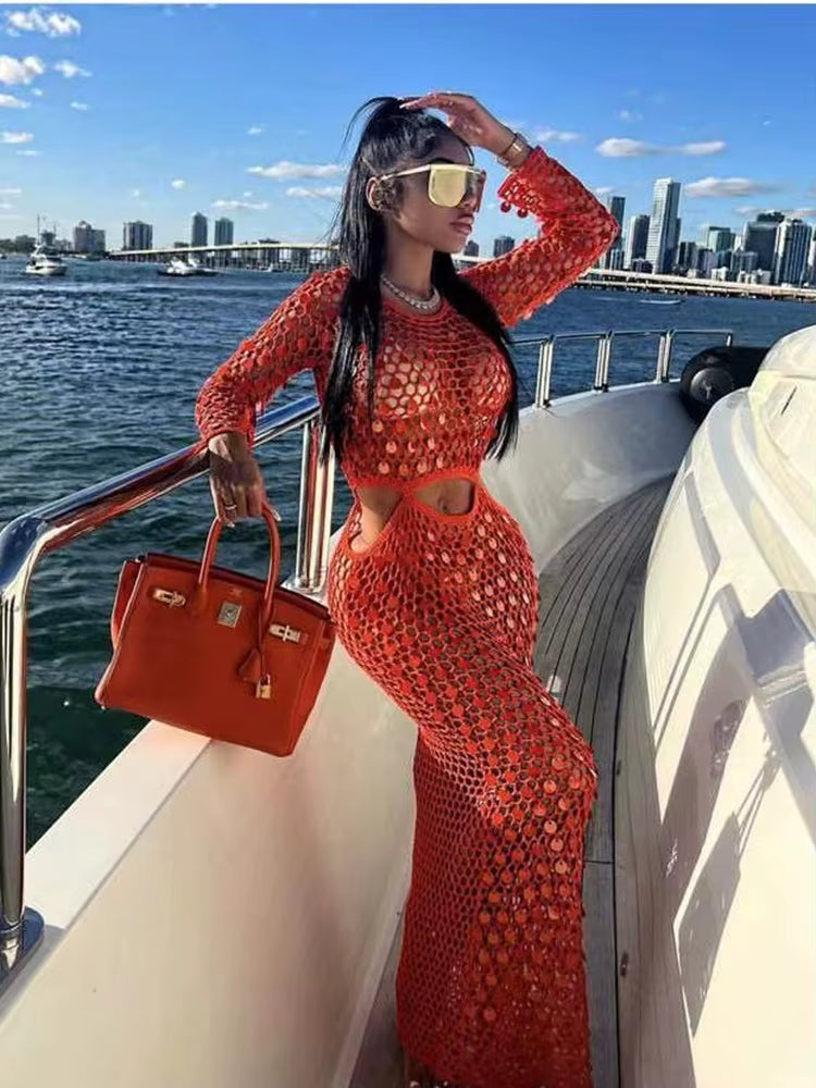 Fishnet Hollow Sequins Holiday Long Sleeve Slim Vacation Beach Maxi Knitted Dresses