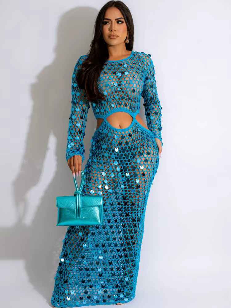Fishnet Hollow Sequins Holiday Long Sleeve Slim Vacation Beach Maxi Knitted Dresses