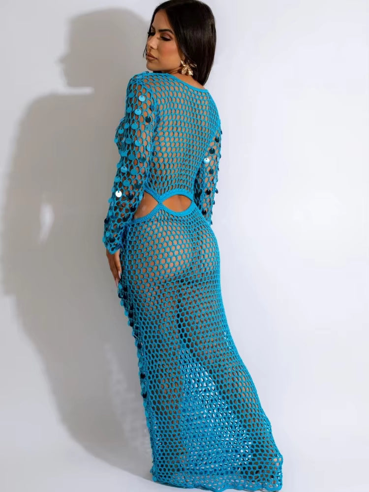 Fishnet Hollow Sequins Holiday Long Sleeve Slim Vacation Beach Maxi Knitted Dresses
