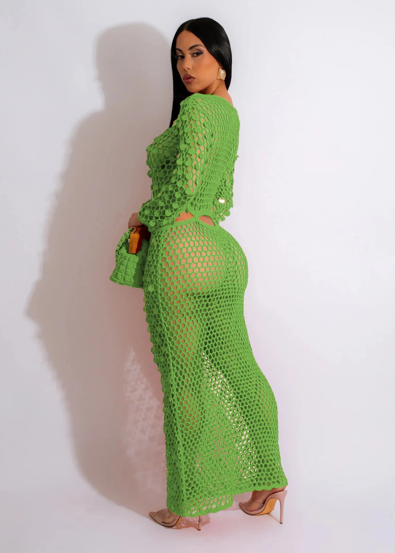 Fishnet Hollow Sequins Holiday Long Sleeve Slim Vacation Beach Maxi Knitted Dresses