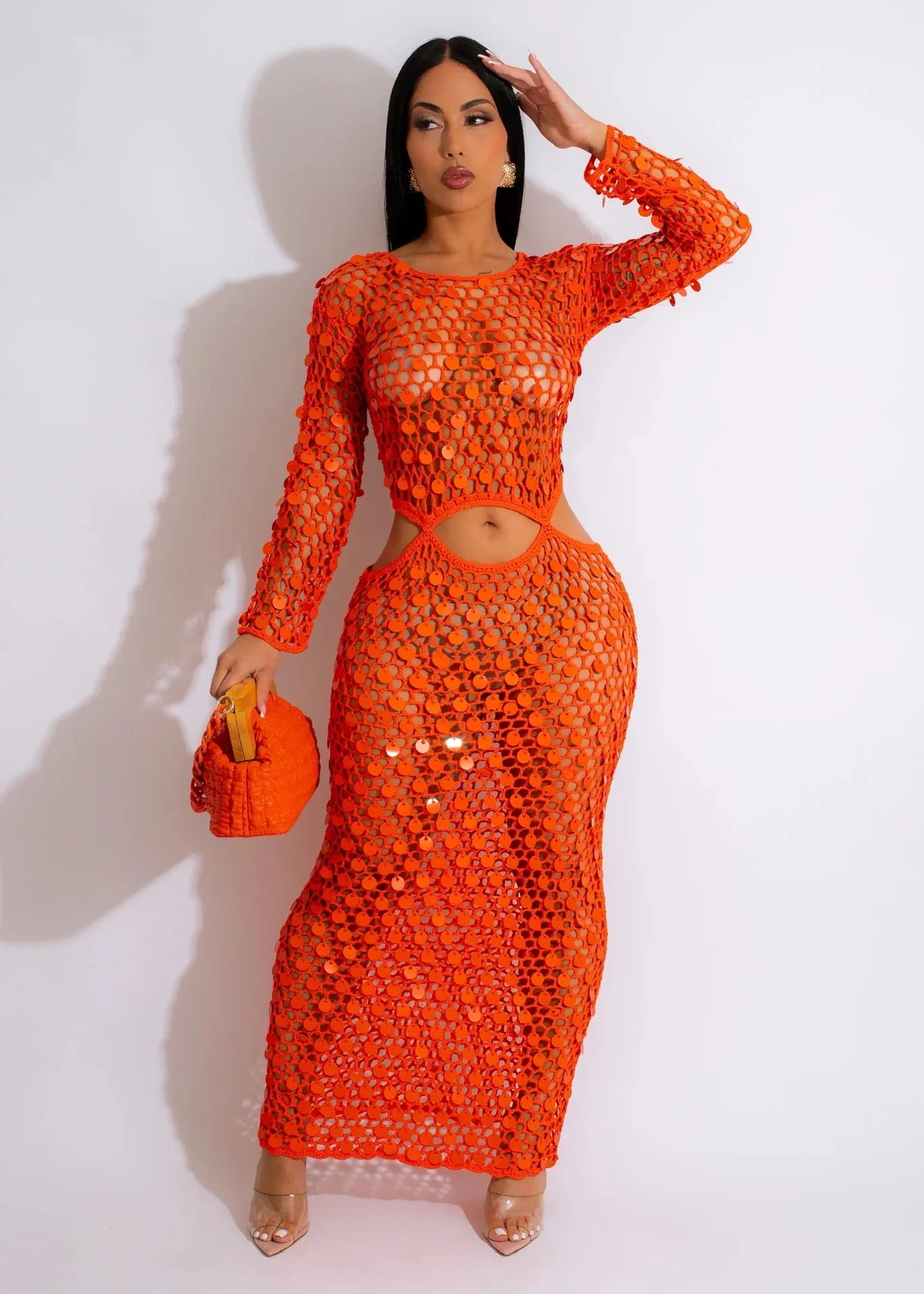 Fishnet Hollow Sequins Holiday Long Sleeve Slim Vacation Beach Maxi Knitted Dresses