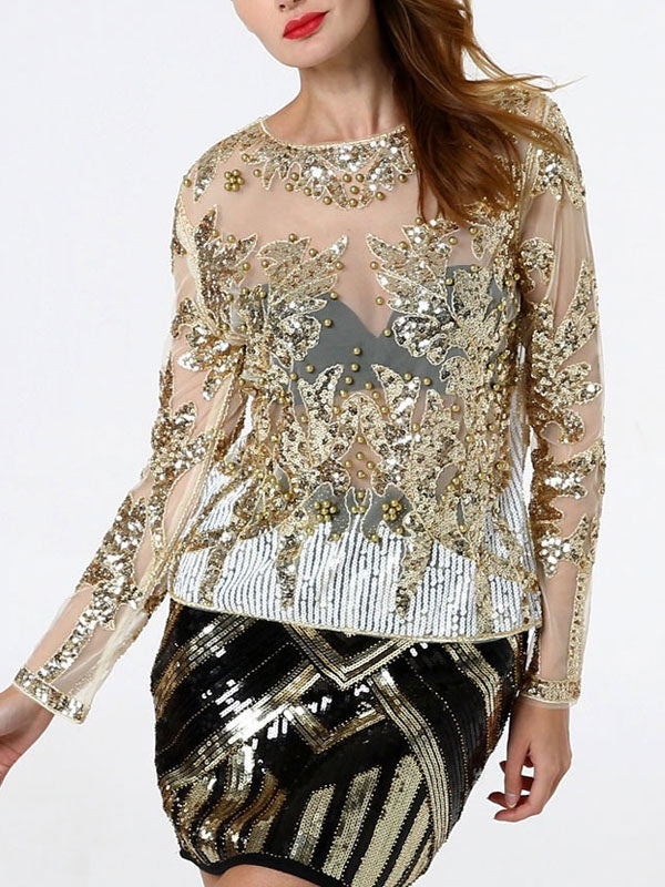 Flapper Sequin Pearl Sheer Long Sleeve