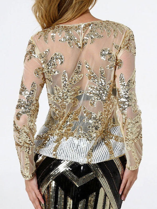 Flapper Sequin Pearl Sheer Long Sleeve