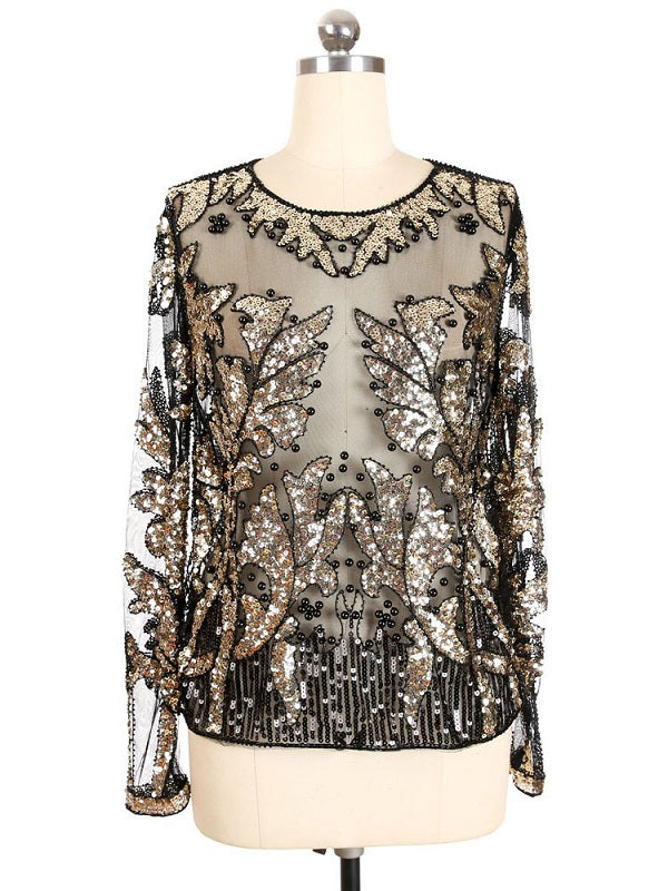 Flapper Sequin Pearl Sheer Long Sleeve