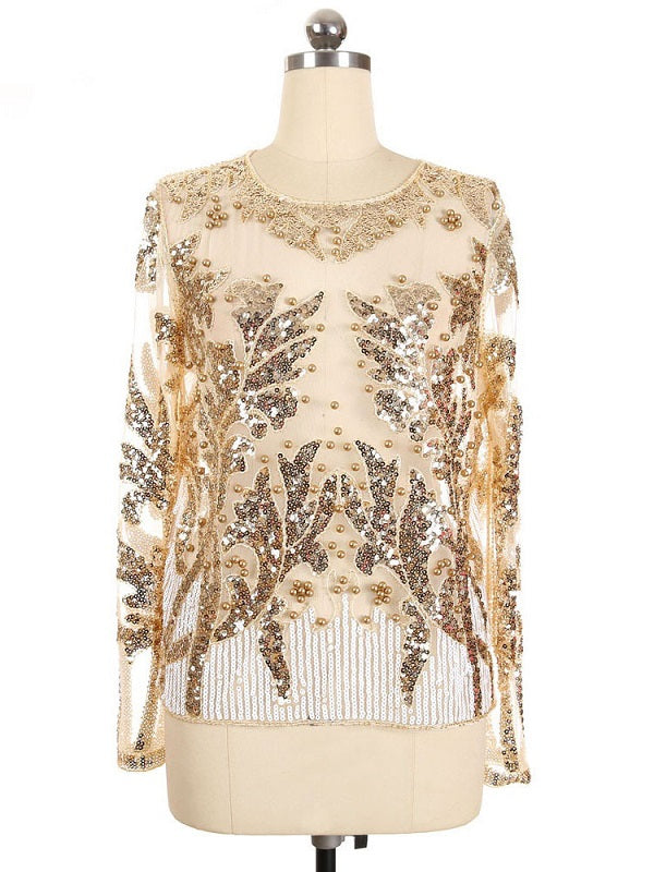 Flapper Sequin Pearl Sheer Long Sleeve
