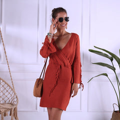 Flare Long-sleeve Lace-up Defined Waist Knit Dress