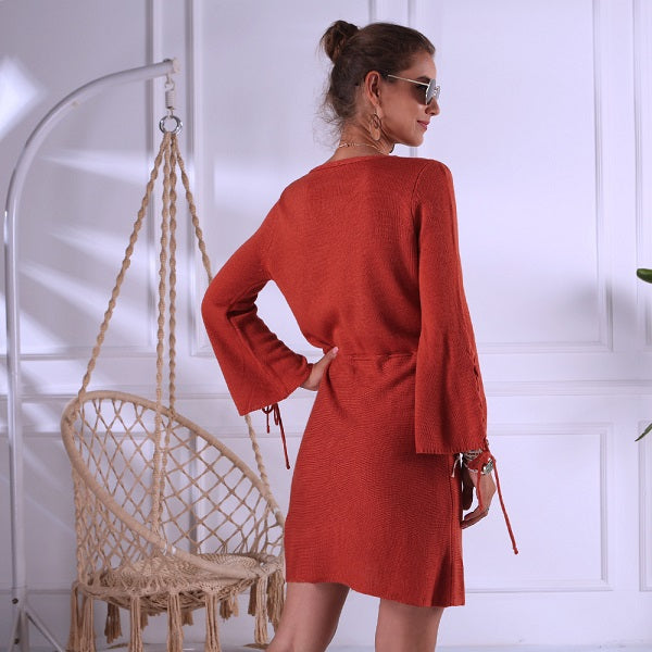 Flare Long-sleeve Lace-up Defined Waist Knit Dress