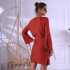 Flare Long-sleeve Lace-up Defined Waist Knit Dress