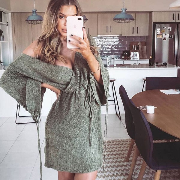 Flare Long-sleeve Lace-up Defined Waist Knit Dress