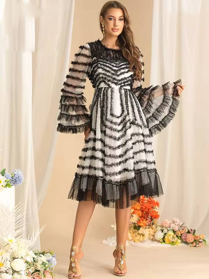 Flare Sleeved Edible Tree Fungus Edge Striped High Waist Midi Dress