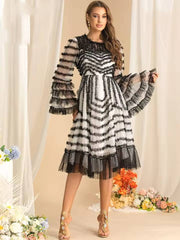 Flare Sleeved Edible Tree Fungus Edge Striped High Waist Midi Dress