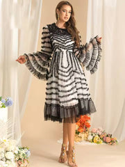 Flare Sleeved Edible Tree Fungus Edge Striped High Waist Midi Dress