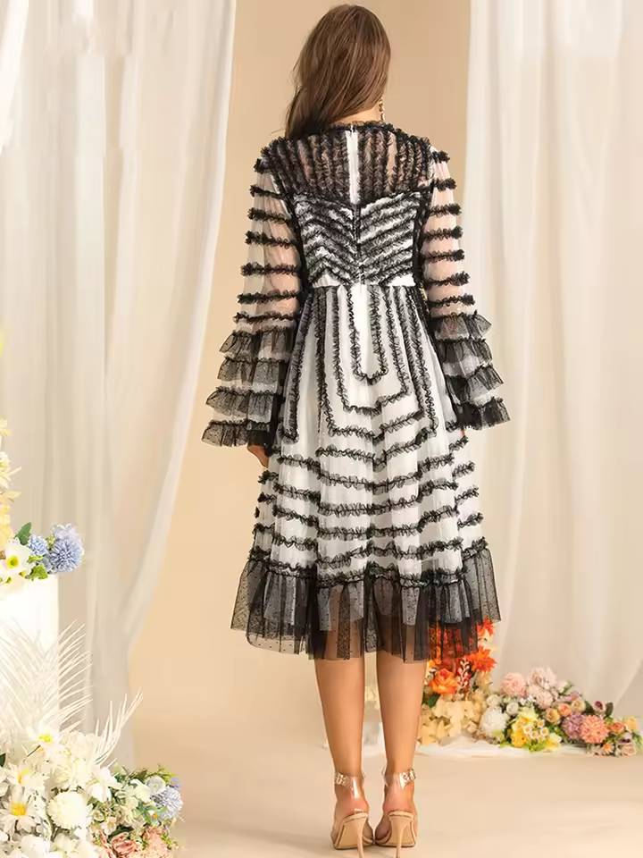 Flare Sleeved Edible Tree Fungus Edge Striped High Waist Midi Dress