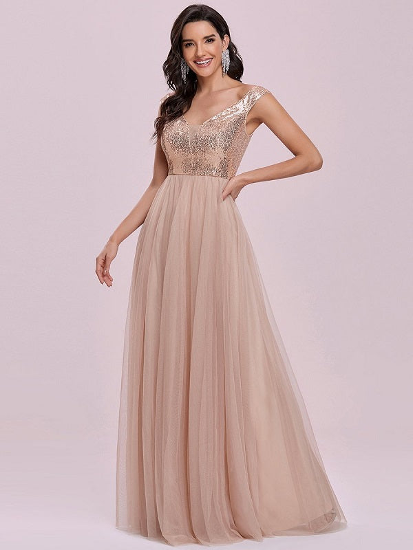 Flesh A-Line Backless Sequined Tulle Floor-Length Evening Dress