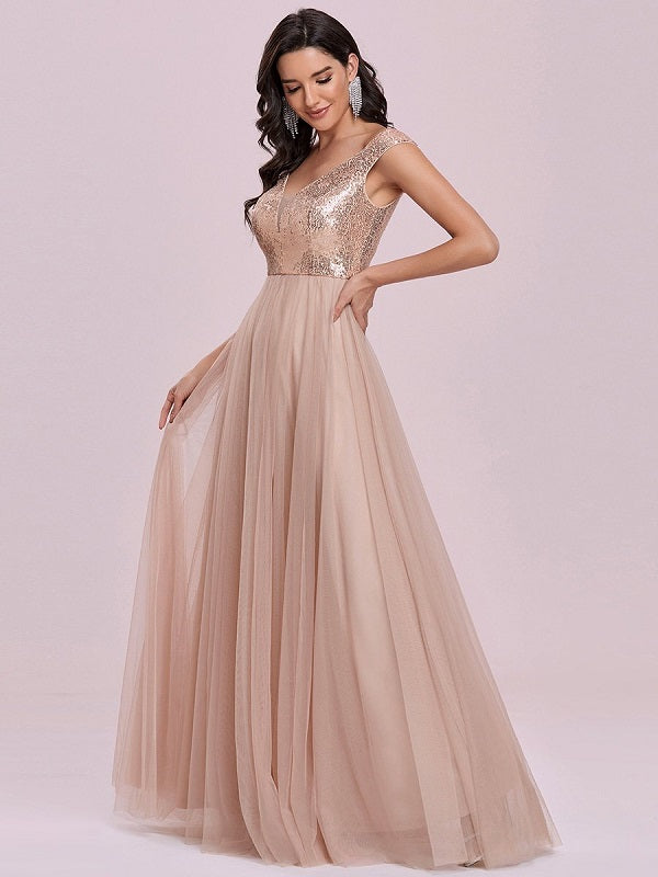 Flesh A-Line Backless Sequined Tulle Floor-Length Evening Dress