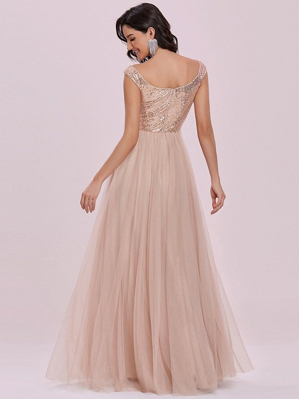 Flesh A-Line Backless Sequined Tulle Floor-Length Evening Dress